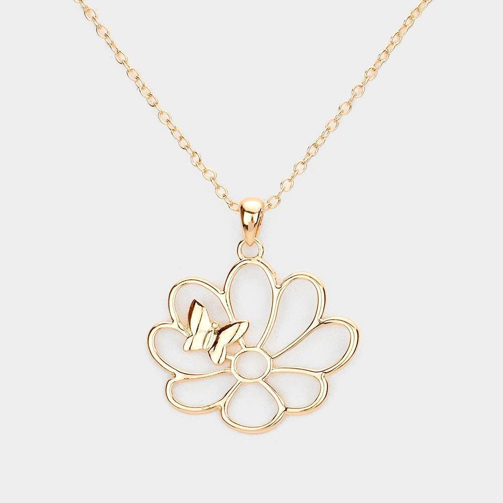 Gold Metal Cut Out Flower Butterfly 
 Pendant Necklace - Jewelry Store by Erik Rayo