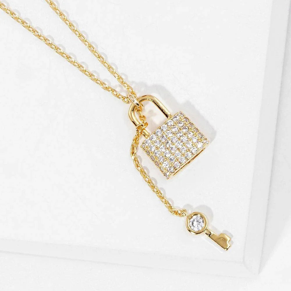 Gold Gold Dipped Rhinestone Key Lock Pendant Necklace - Jewelry Store by Erik Rayo