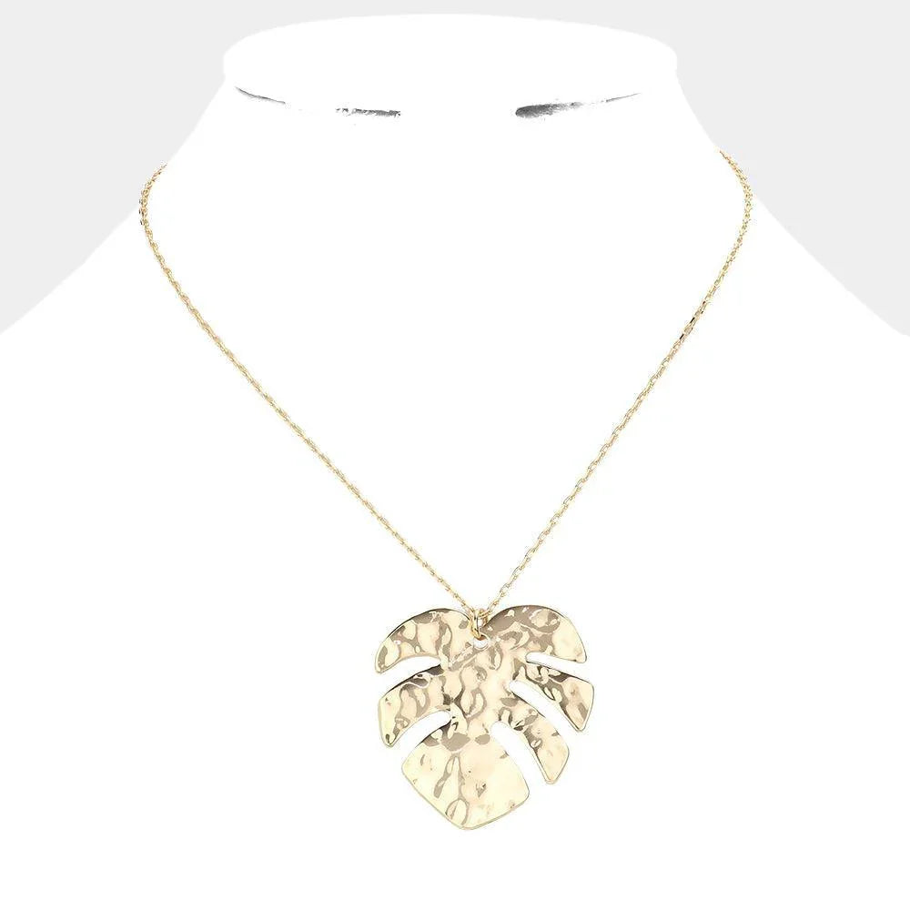 Gold Hammered Metal Tropical Leaf Pendant Necklace - Jewelry Store by Erik Rayo
