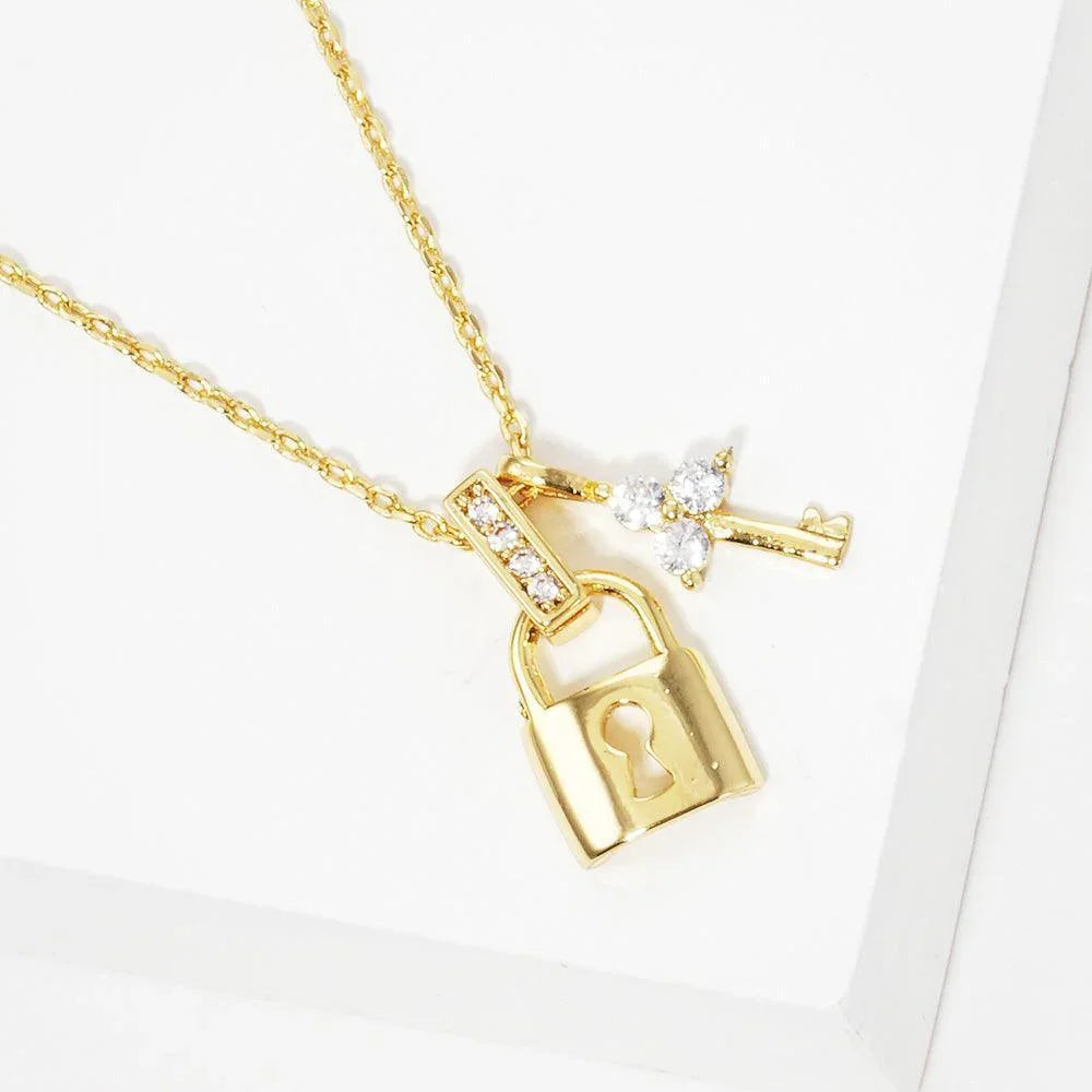 Gold Gold Dipped Rhinestone Embellished Key Lock Pendant Necklace - Jewelry Store by Erik Rayo