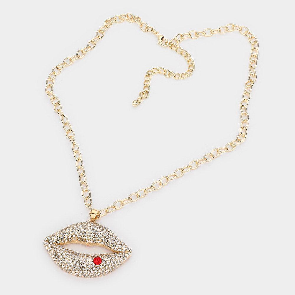 Gold Rhinestone Paved Lip Pendant Necklace - Jewelry Store by Erik Rayo