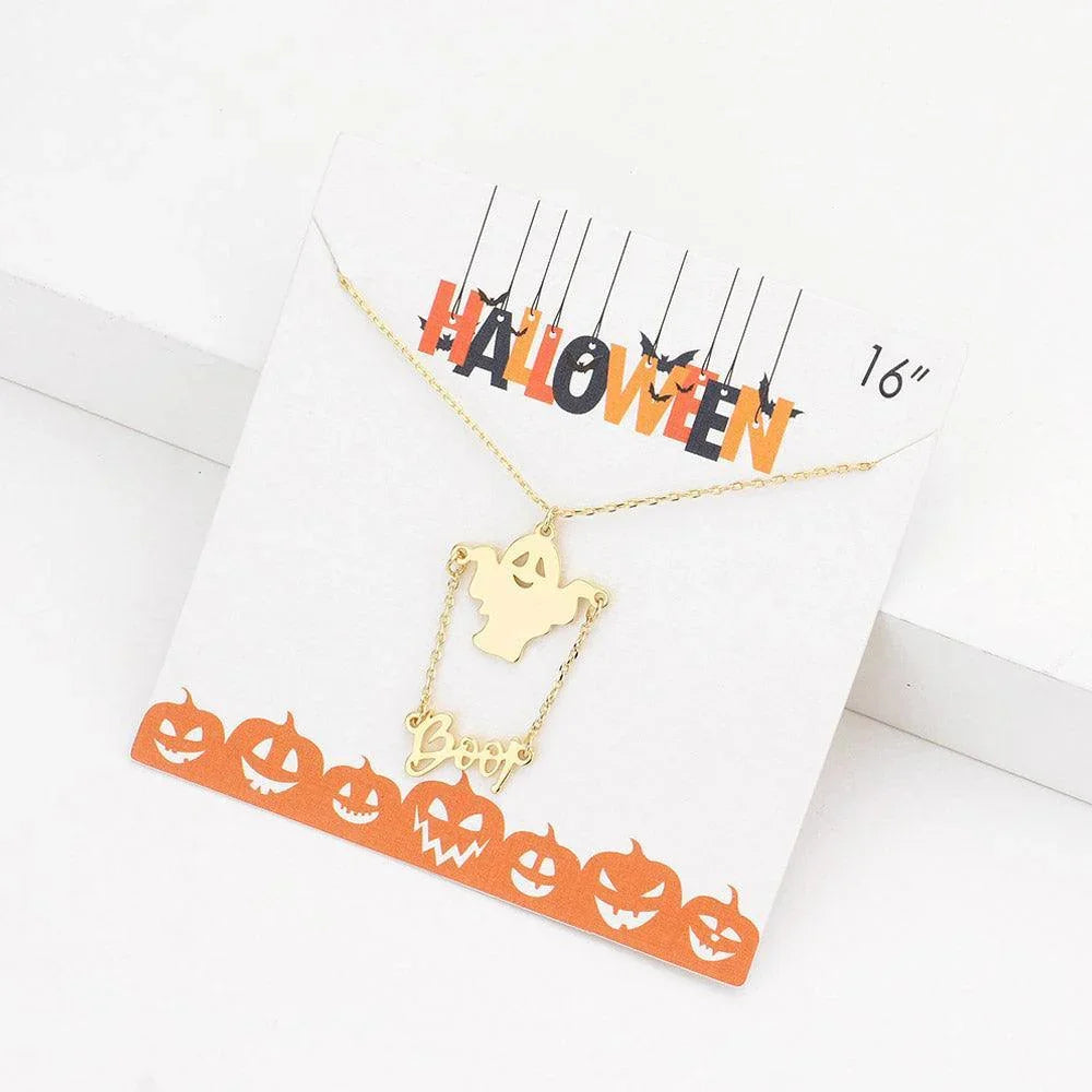 Gold Boo Metal Message Halloween Ghost Pendant Necklace - Jewelry Store by Erik Rayo