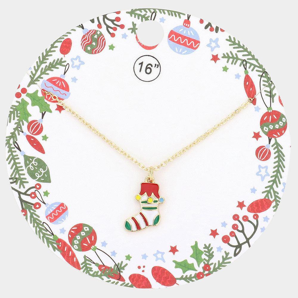 Gold Enamel Christmas Sock Pendant Necklace - Jewelry Store by Erik Rayo