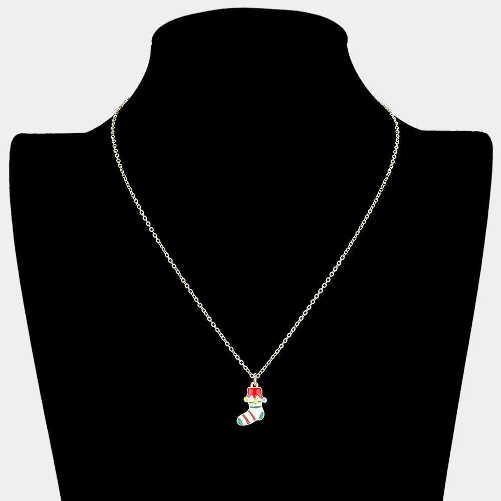 Gold Enamel Christmas Sock Pendant Necklace - Jewelry Store by Erik Rayo