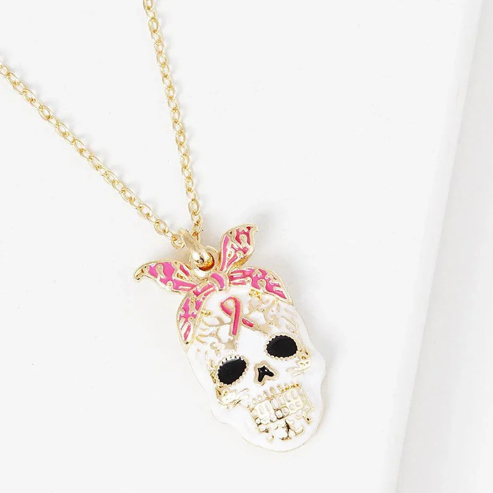 Gold Gold Dipped Enamel Pink Ribbon Skull Pendant Necklace - Jewelry Store by Erik Rayo