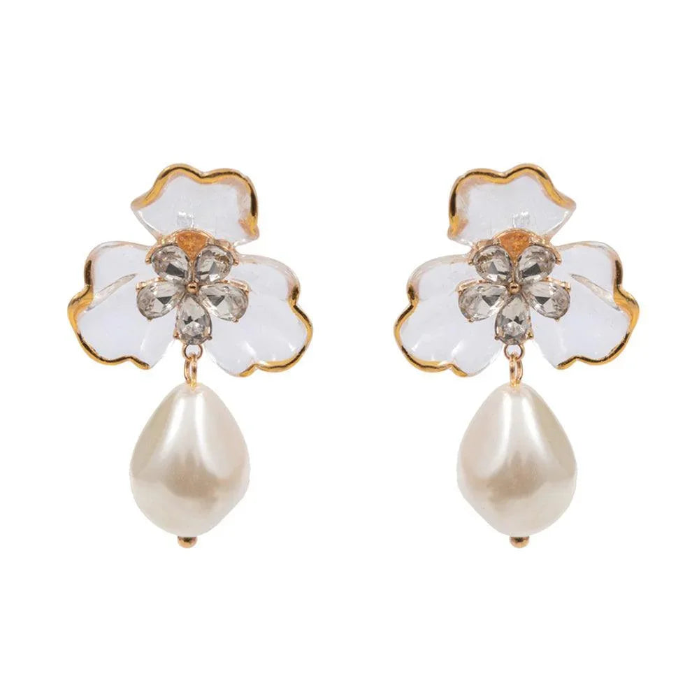 Gold Rhinestone Cluster Pointed Transparent Petal Pearl Dangle Earrings - Jewelry Store by Erik Rayo