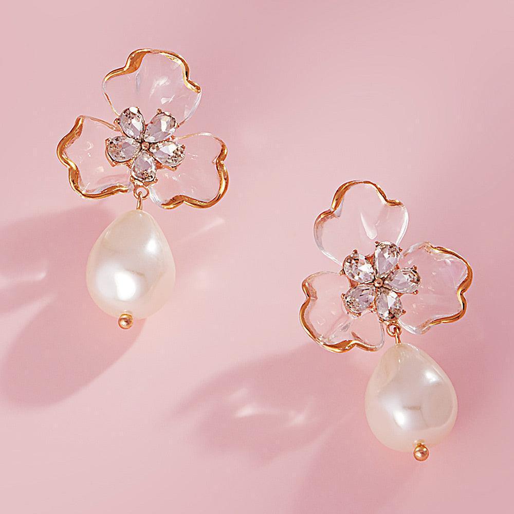 Gold Rhinestone Cluster Pointed Transparent Petal Pearl Dangle Earrings - Jewelry Store by Erik Rayo