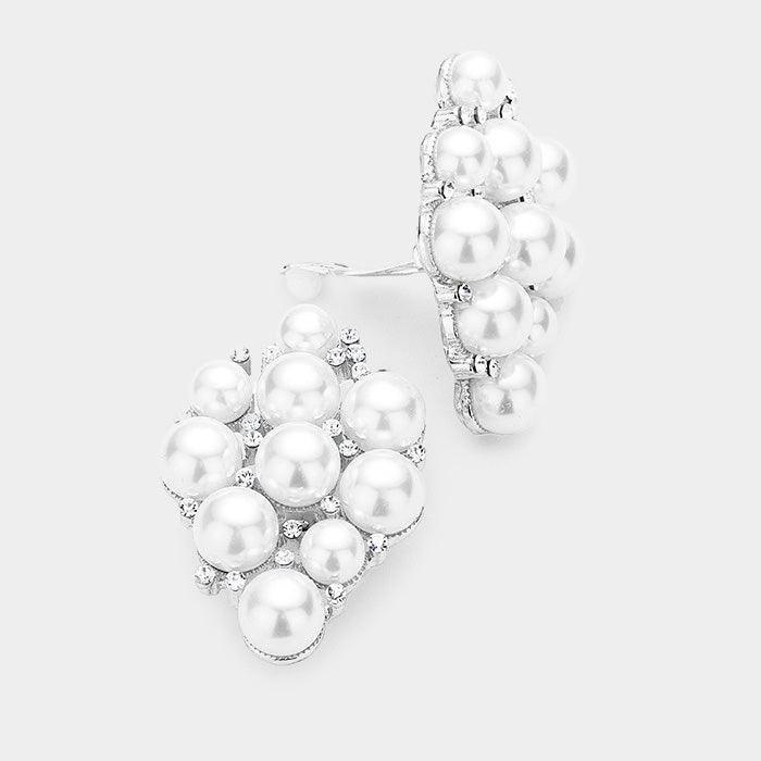 White Crystal Rhinestone Pearl Cluster Clip on Earrings - Jewelry Store by Erik Rayo
