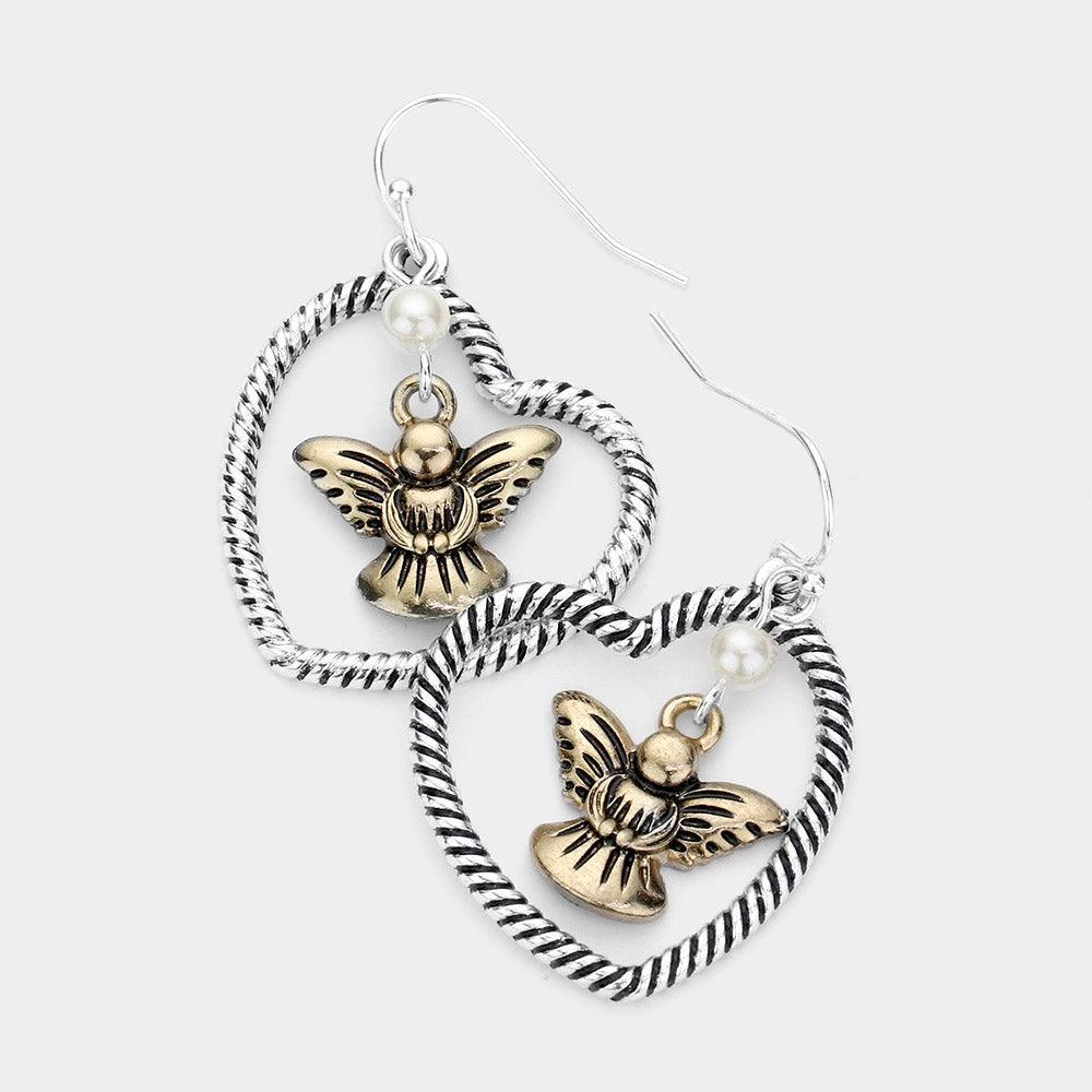 Two Tone Pearl Pointed Metal Angel Heart Dangle Earrings - Jewelry Store by Erik Rayo