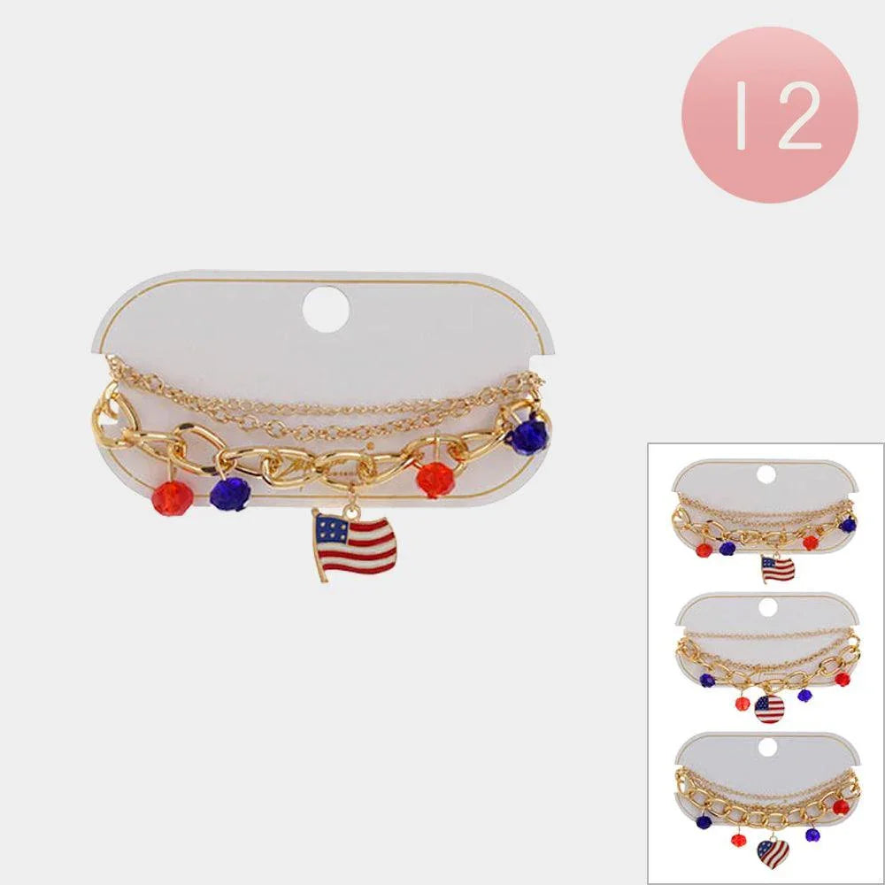 12PCS - Enamel American USA Flag Charm Pointed Faceted Beads Station Chain Layered Bracelets - Jewelry Store by Erik Rayo
