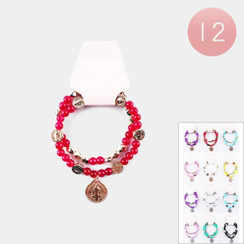 12 SET OF 2 - Jesus Religious Coin Pendant Beaded Double Layered Bracelets - Jewelry Store by Erik Rayo