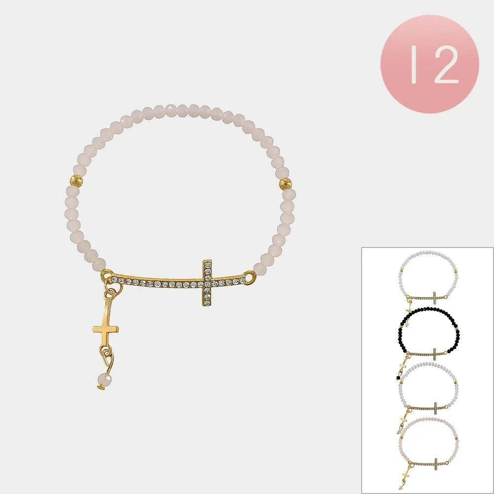 12PCS - Cross Charm Dangle Cross Accented Stretch Beaded Bracelets - Jewelry Store by Erik Rayo