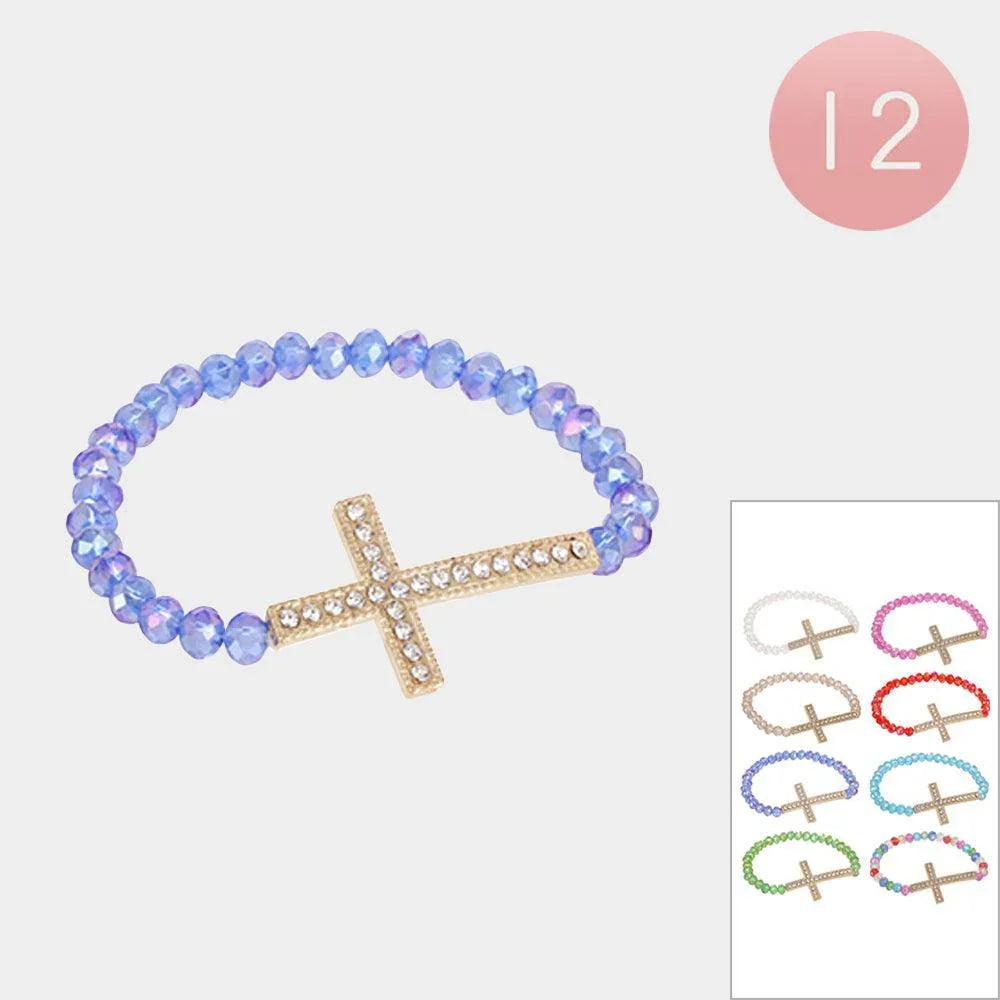 12PCS - Cross Charm Faceted Beaded Stretch Bracelets - Jewelry Store by Erik Rayo