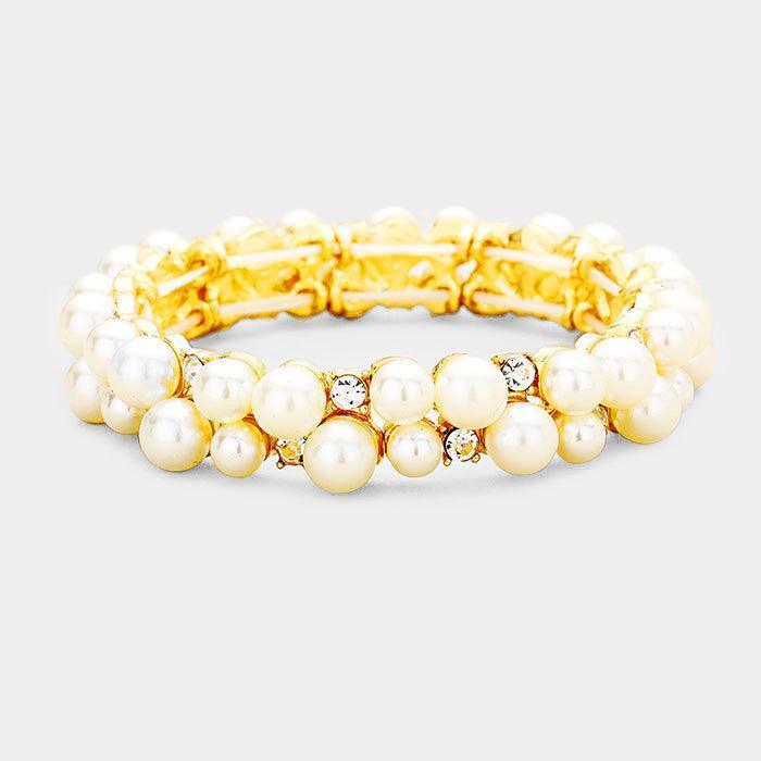 Gold Stone Pearl Cluster Stretch Evening Bracelet - Jewelry Store by Erik Rayo