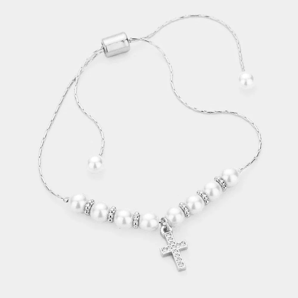 Cream Pearl Cubic Zirconia Pave Cross Adjustable Bracelet - Jewelry Store by Erik Rayo