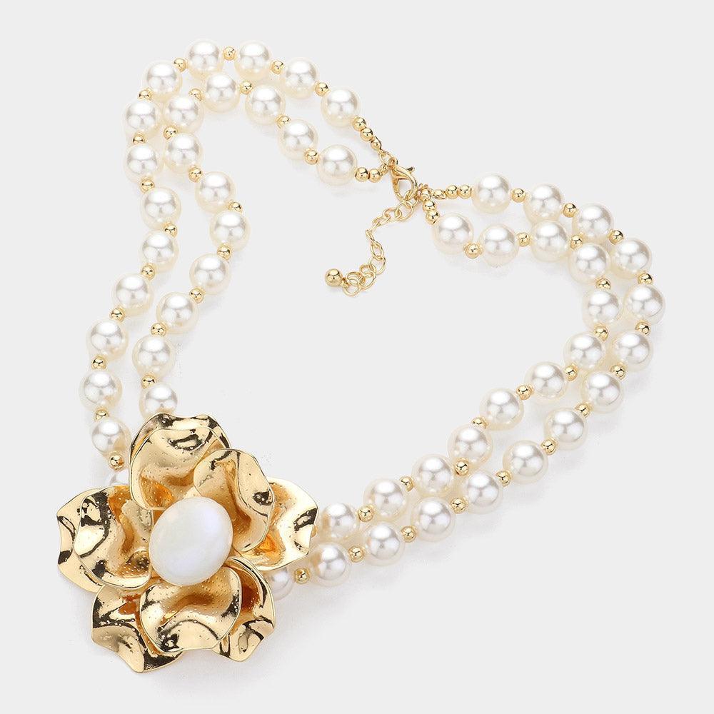 Gold Metal Flower Pendant Pointed Pearl Statement Necklace - Jewelry Store by Erik Rayo