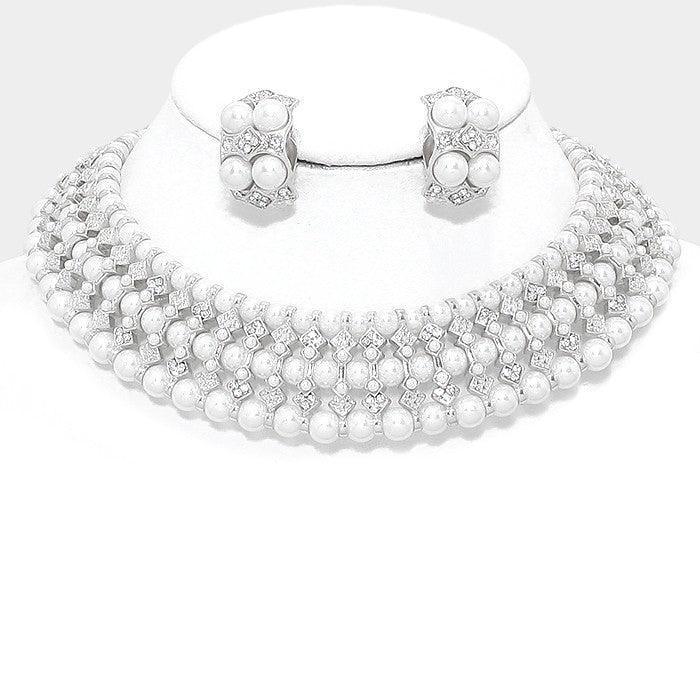 White Pearl Crystal Rhinestone Collar Necklace & Clip Earring Set - Jewelry Store by Erik Rayo