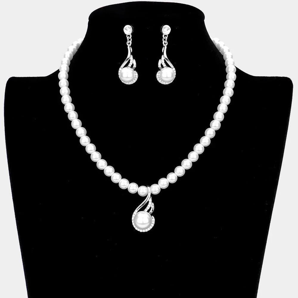 White Crystal Rhinestone Pearl Accented Necklace - Jewelry Store by Erik Rayo