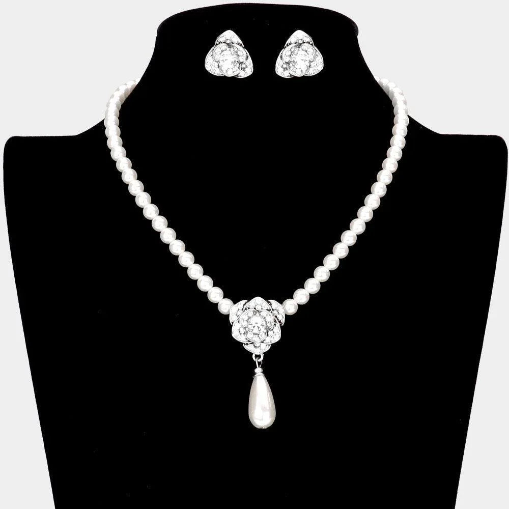 White Stone Embellished Metal Flower Pearl Pendant Necklace - Jewelry Store by Erik Rayo