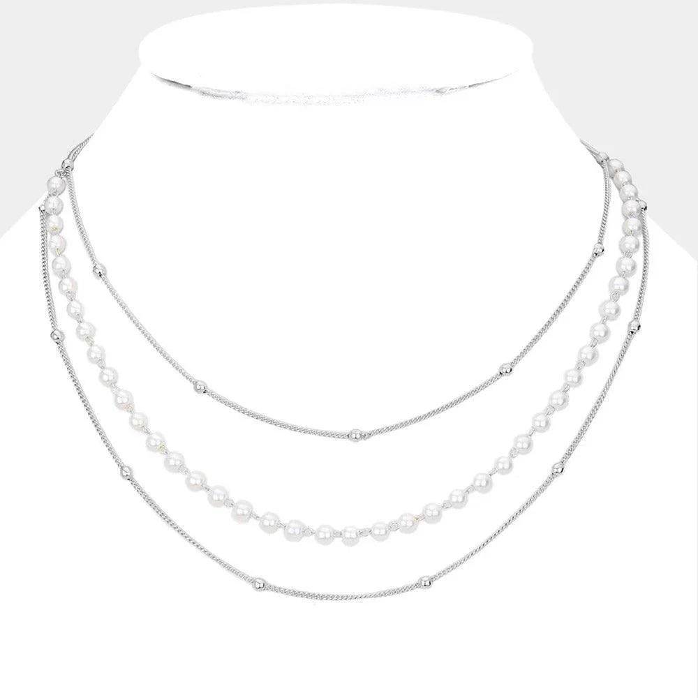 Pearl Metal Ball Chain Triple Layered Bib Necklace - Jewelry Store by Erik Rayo