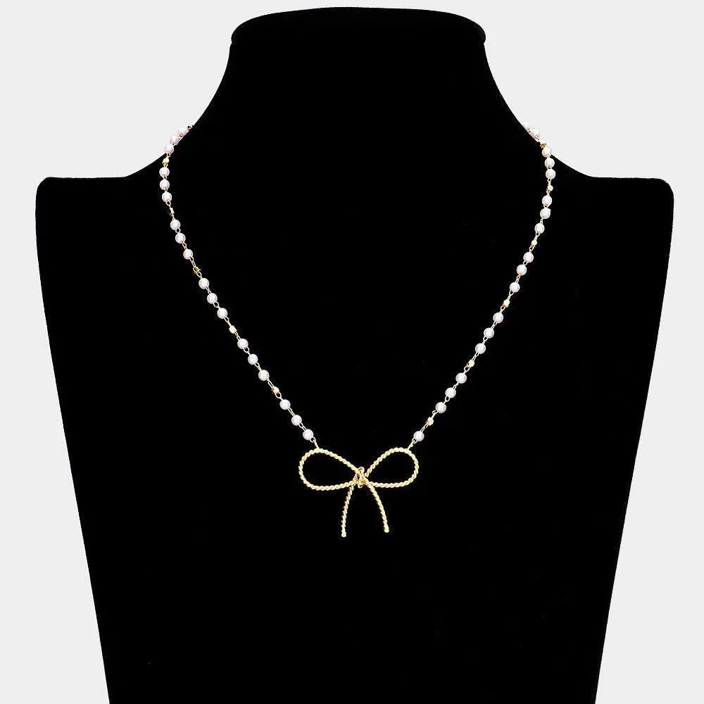 White Textured Metal Bow Pendant Pointed Pearl Station Necklace - Jewelry Store by Erik Rayo