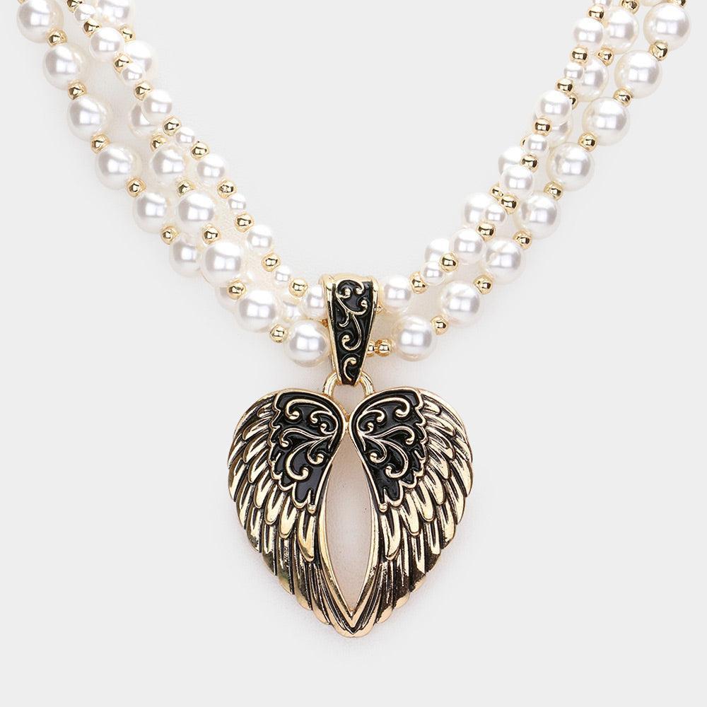 Gold Metal Wings Pendant Pearl Necklace - Jewelry Store by Erik Rayo