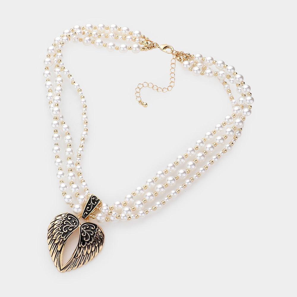 Gold Metal Wings Pendant Pearl Necklace - Jewelry Store by Erik Rayo