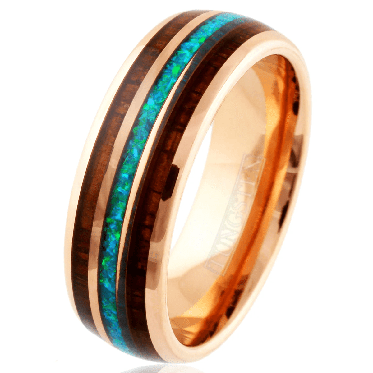 Rose Gold Wedding Band Ring for Men Black Tungsten Carbide Iridescent Crushed Blue Opal Inlay Two Koa Wood Inlays - Jewelry Store by Erik Rayo