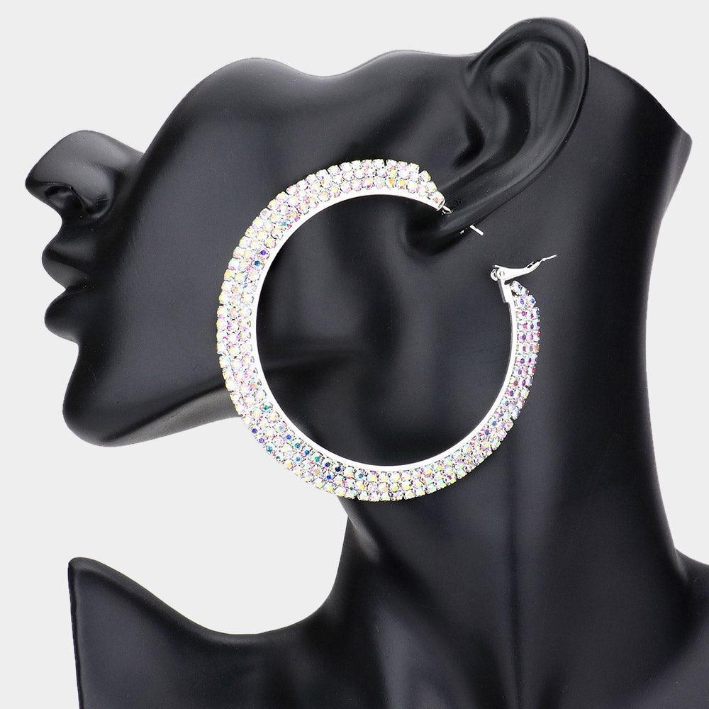 Silver Crystal Rhinestone 2.8 Inch Hoop Earrings - Jewelry Store by Erik Rayo