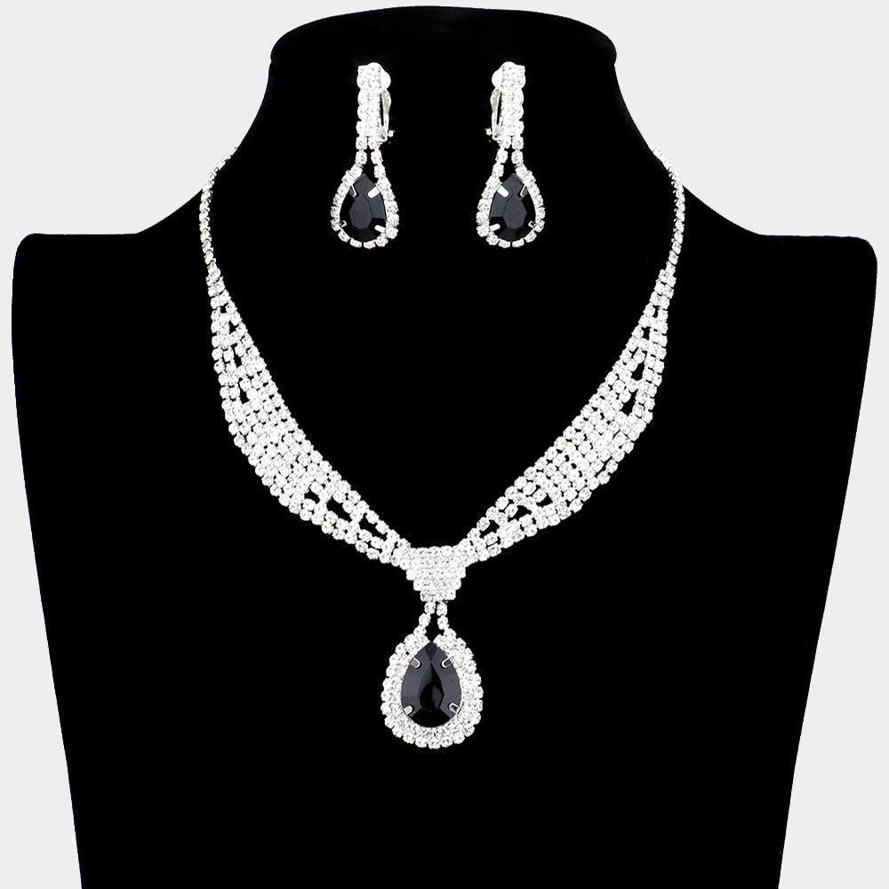 Black Teardrop Collar Necklace & Clip Earring Set Rhinestone Paved - Jewelry Store by Erik Rayo