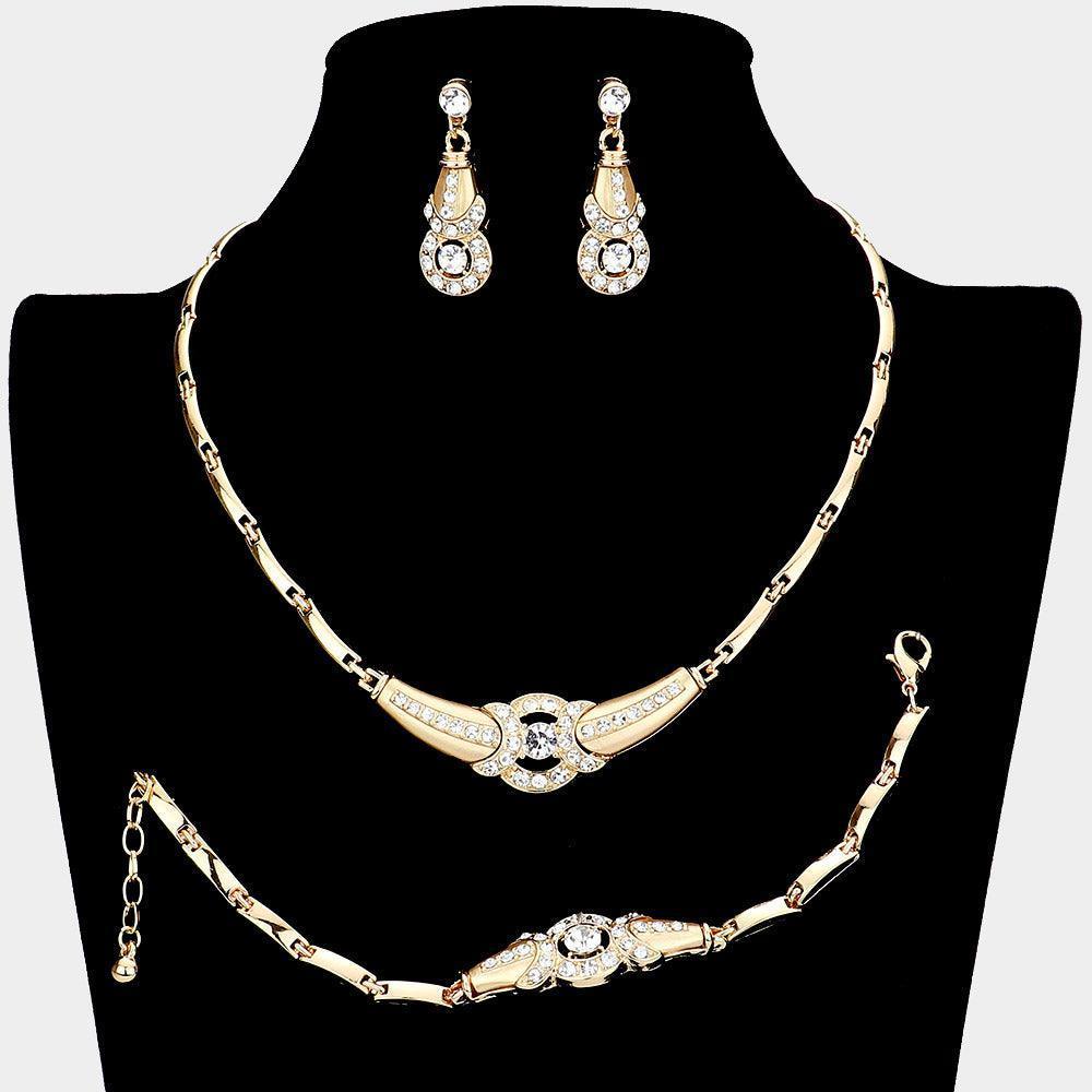 Gold 3 Piece Rhinestone Embellished Round Accented Necklace Jewelry Set - Jewelry Store by Erik Rayo