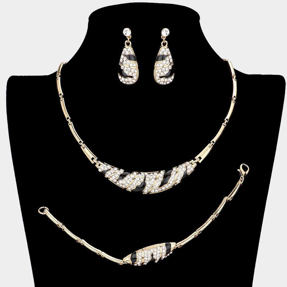 Gold 3 Piece Animal Pattern Pedant Necklace Set Rhinestone Paved - Jewelry Store by Erik Rayo