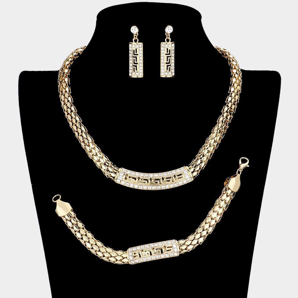 Gold 3 Piece Greek Pattern Pendant Accented Mesh Metal Chain Necklace Set Rhinestone Paved - Jewelry Store by Erik Rayo