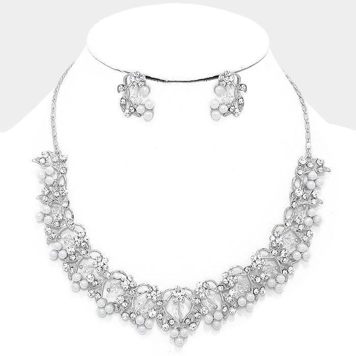White Floral Crystal Rhinestone Pearl Necklace - Jewelry Store by Erik Rayo