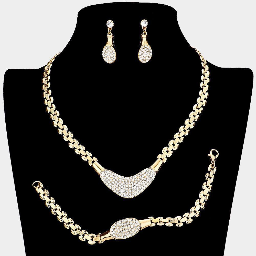 Gold 3 Piece Crystal Plate Metal Necklace Jewelry Set Rhinestone Paved - Jewelry Store by Erik Rayo