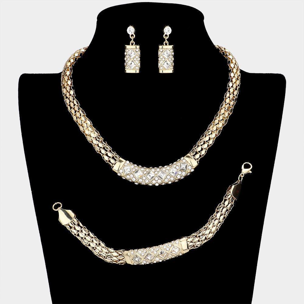 Gold 3 Piece Crystal Rhinestone Metal Mesh Necklace Jewelry Set - Jewelry Store by Erik Rayo