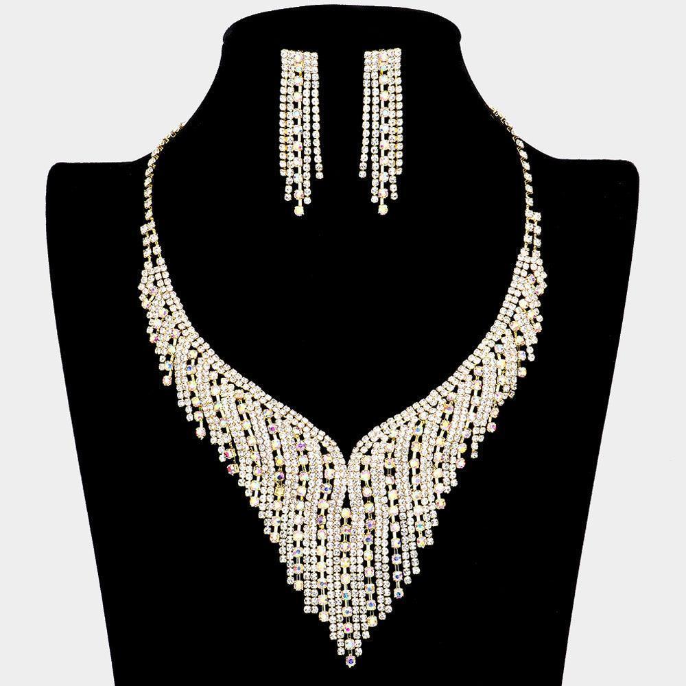 Gold Crystal Rhinestone V-Fringe Bib Necklace - Jewelry Store by Erik Rayo