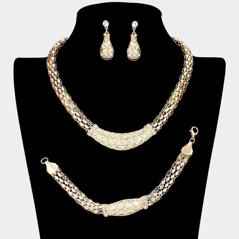 Gold 3 Piece Crystal Rhinestone Metal Mesh Necklace Jewelry Set - Jewelry Store by Erik Rayo