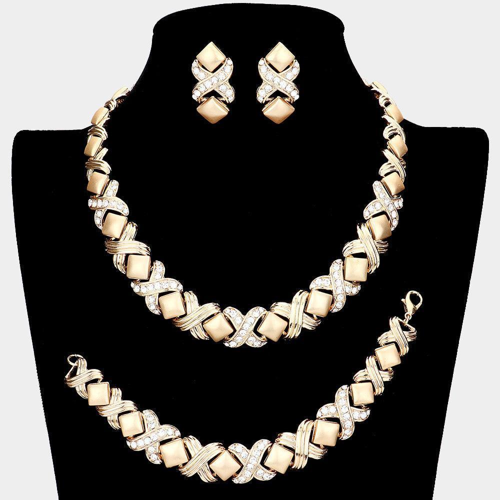 Gold 3 Piece Pave Crystal Rhinestone Crisscross Necklace Jewelry Set - Jewelry Store by Erik Rayo