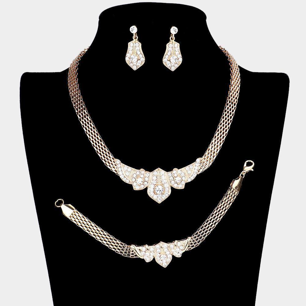 Gold 3 Piece Crystal Metal Necklace Set Rhinestone Paved - Jewelry Store by Erik Rayo