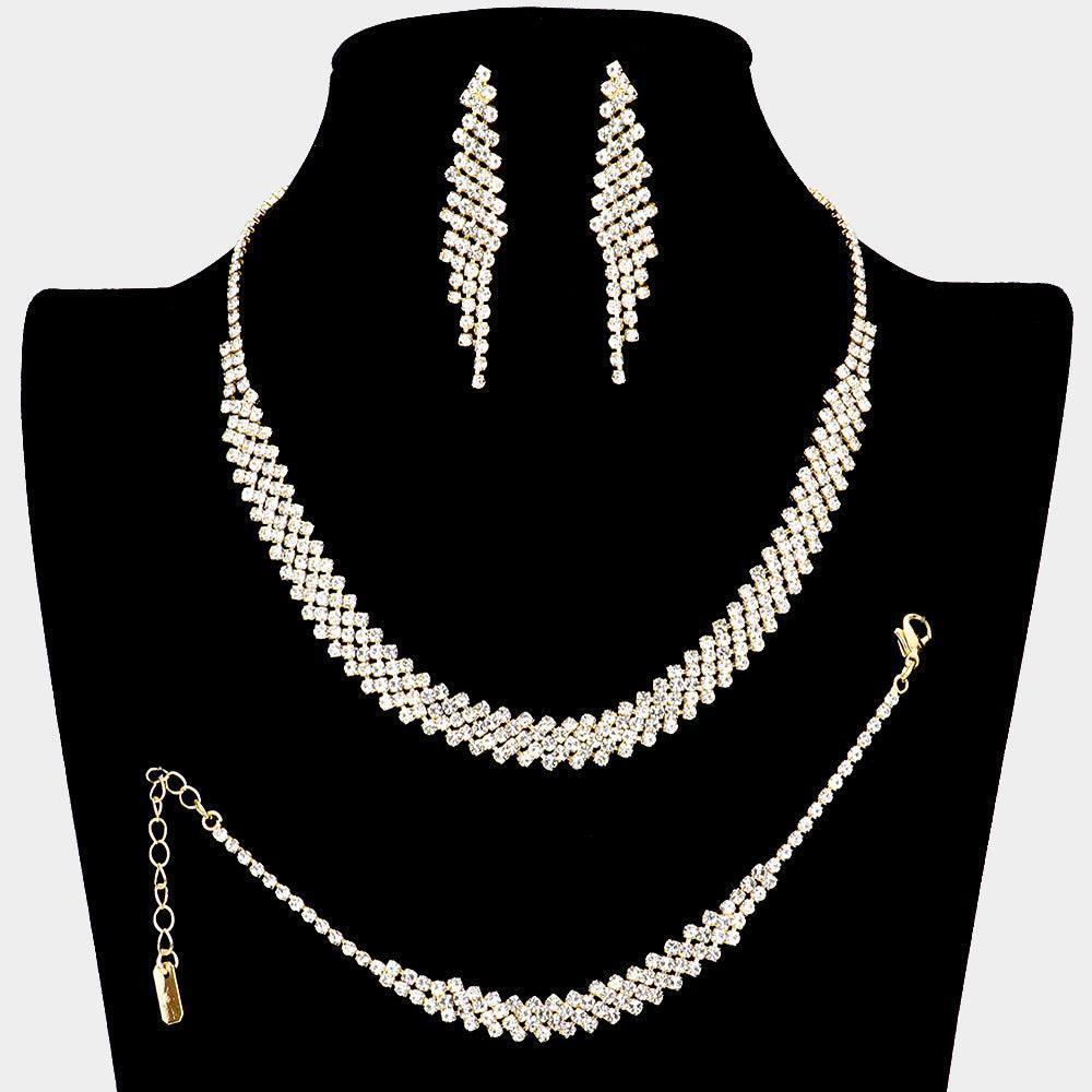 Gold 3 Piece Bubble Crystal Evening Necklace Set Rhinestone Paved - Jewelry Store by Erik Rayo