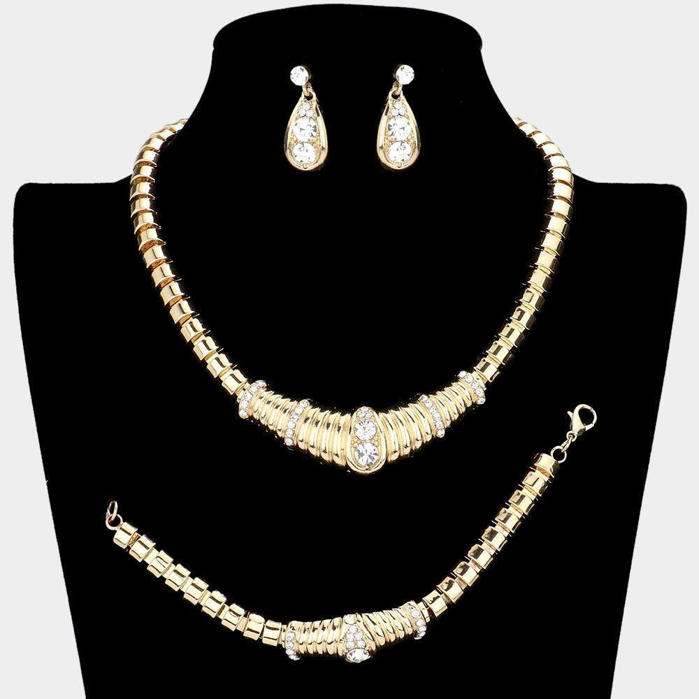 Gold 3 Piece Crystal Metal Evening Necklace Set Rhinestone Paved - Jewelry Store by Erik Rayo
