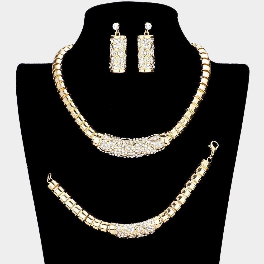 Gold 3 Piece Metal Necklace Jewelry Set Rhinestone Paved - Jewelry Store by Erik Rayo