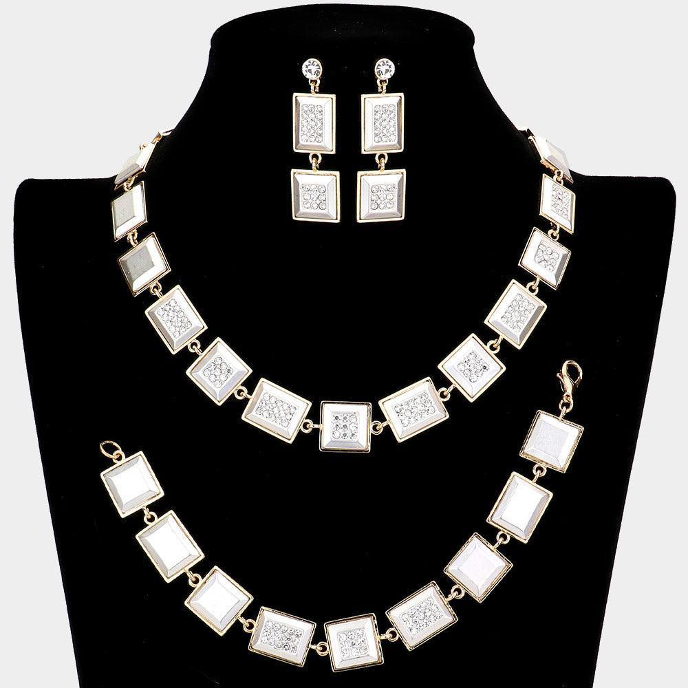 Two Tone 3 Piece Rhinestone Embellished Square Rectangle Link Necklace Jewelry Set - Jewelry Store by Erik Rayo