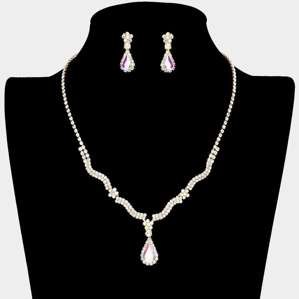Gold Teardrop Stone Accented Crystal Necklace Rhinestone Paved - Jewelry Store by Erik Rayo