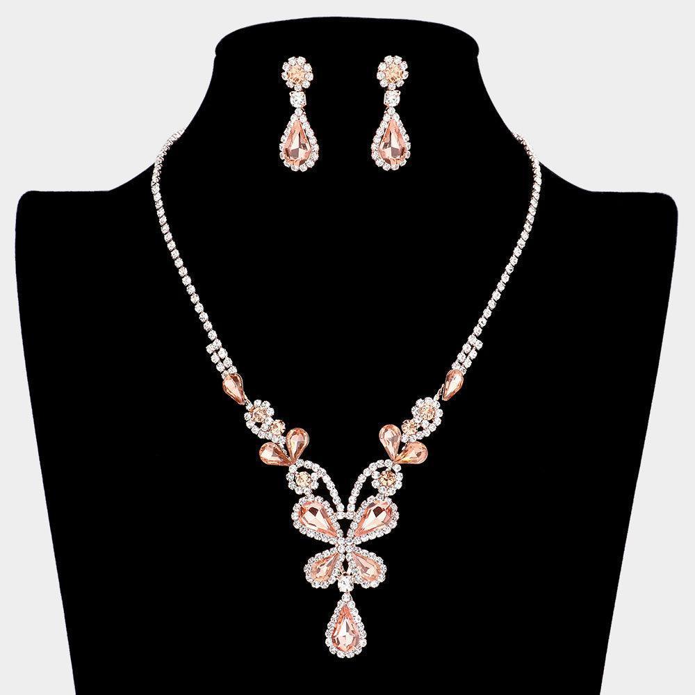 Rose Gold Crystal Butterfly Glass Stone Accented Necklace Rhinestone Paved - Jewelry Store by Erik Rayo