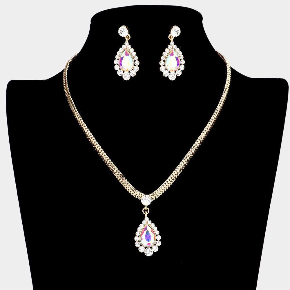 Gold Teardrop Stone Accented Rhinestone Necklace - Jewelry Store by Erik Rayo