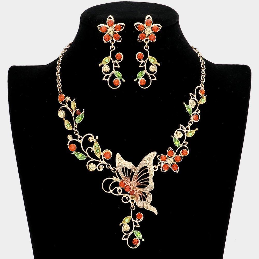 Gold Butterfly Accented Flower Rhinestone Necklace - Jewelry Store by Erik Rayo