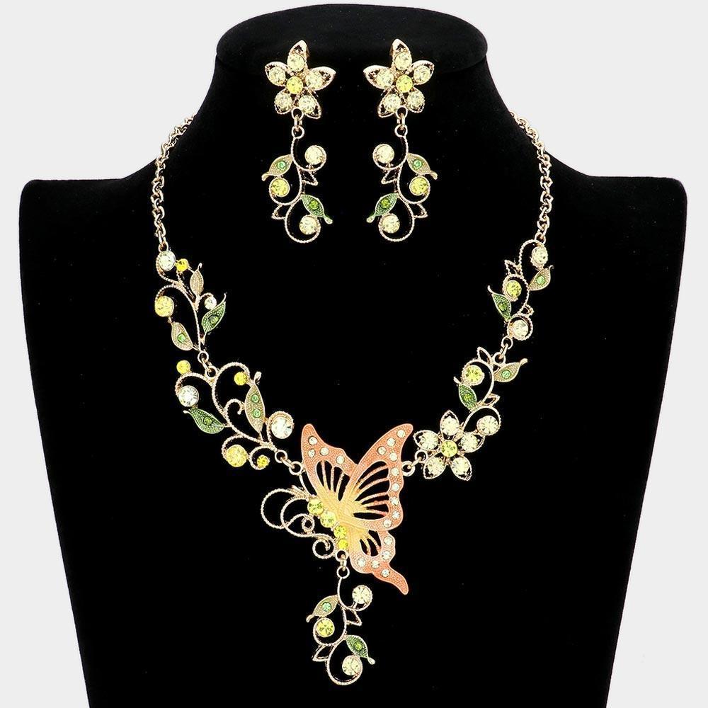 Yellow Butterfly Accented Flower Rhinestone Necklace - Jewelry Store by Erik Rayo
