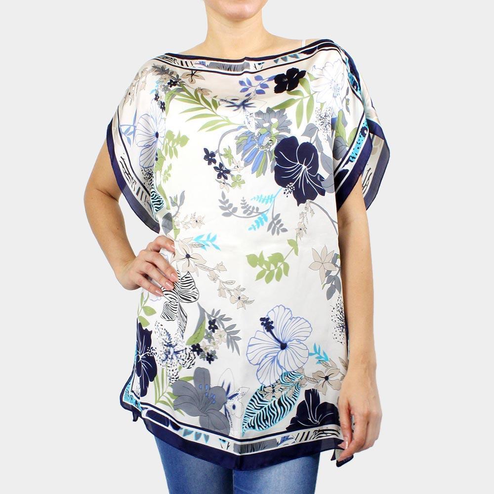 Navy Flower Printed Satin Poncho - Jewelry Store by Erik Rayo